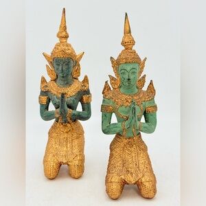 Pair Vintage Thai Theppanom Bronze Statues | Gilt Temple Guardian Angels